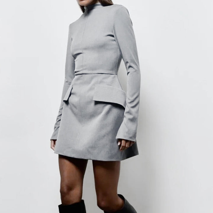 Women's fitted mini dress with stand-up collar, bell sleeves, and peplum detail Mune Fashion