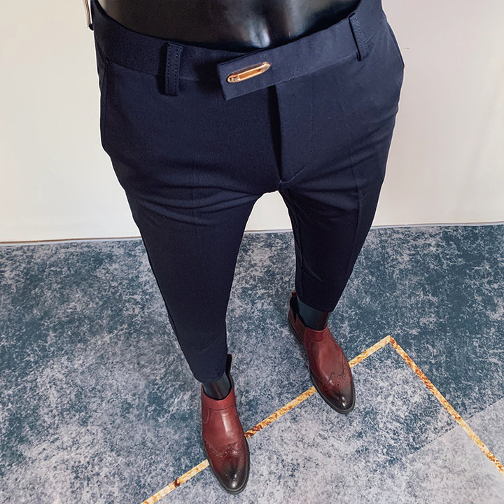 Men's tailored slim-fit suit trousers with elastic waistband, concealed zipper, and fashionable belt detail Mune Fashion
