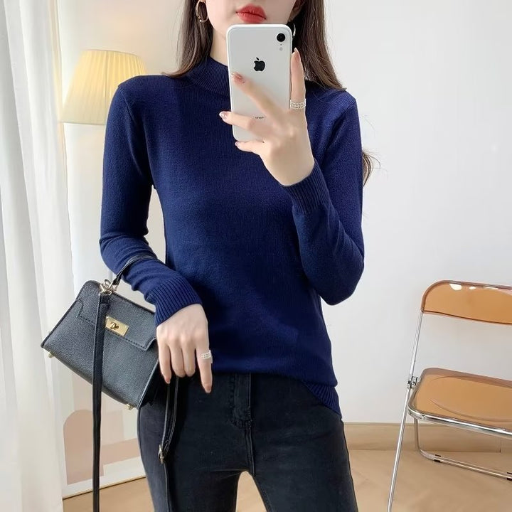 Ladies Fine Long Sleeve Fine Knit Sweater with Narrow Stand-Up Collar and Ribbed Cuffs Mune Fashion
