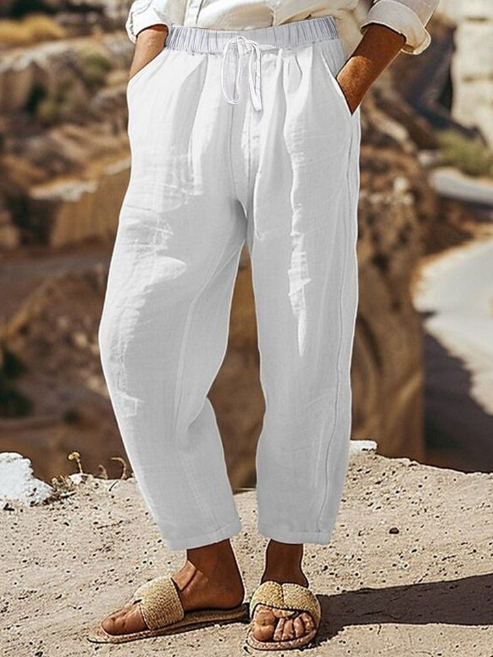 Women's Casual Chino Linen Look Culotte with Elastic Drawstring Waist and Side Pockets Mune Fashion