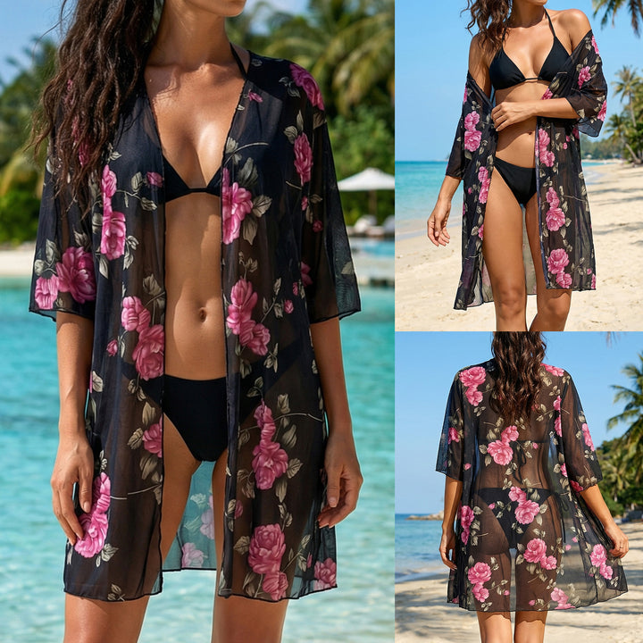 Ladies elegant transparent beach cover-up with floral design Mune Fashion
