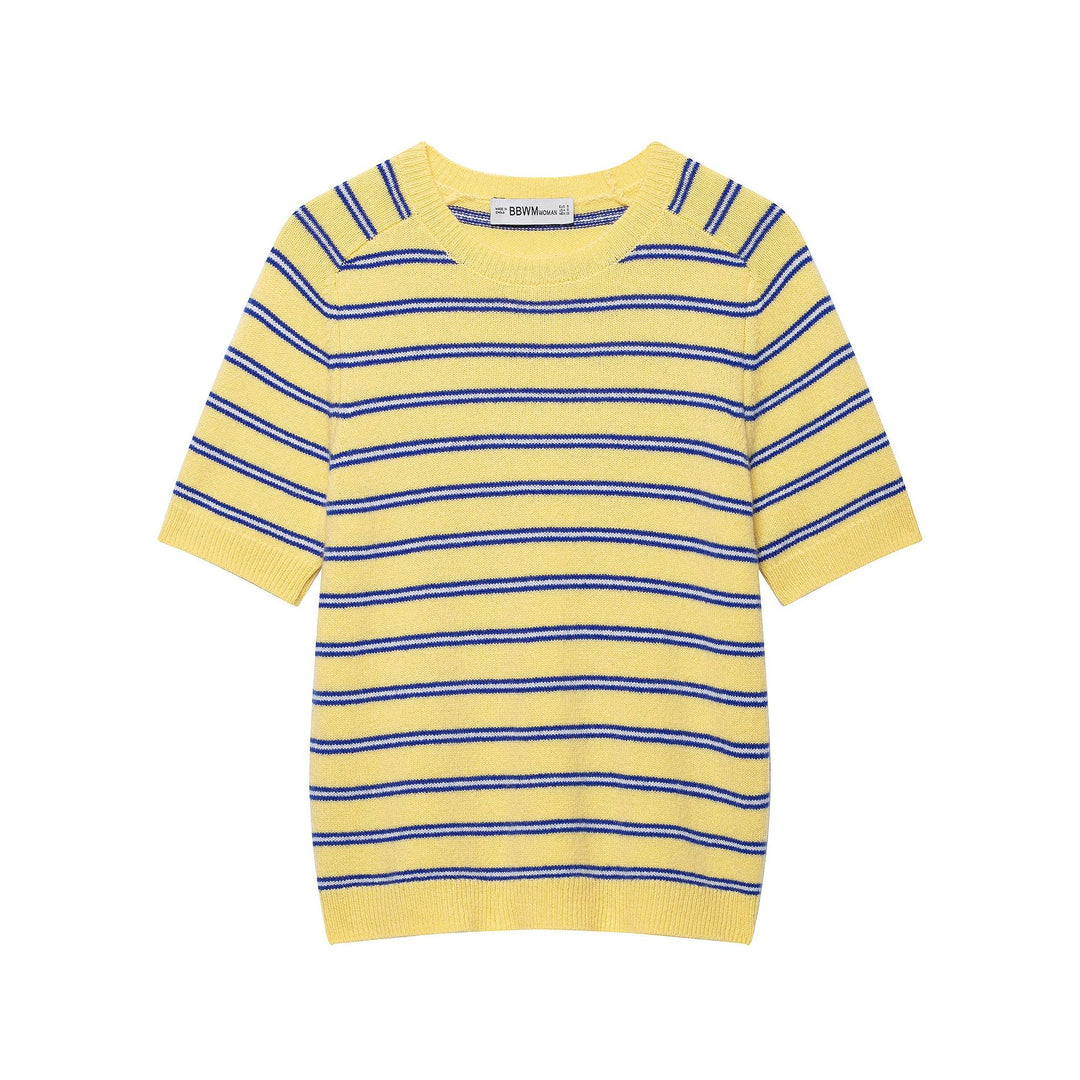 Women Striped Short Sleeve Fine Knit Shirt with Round Neck Mune Fashion