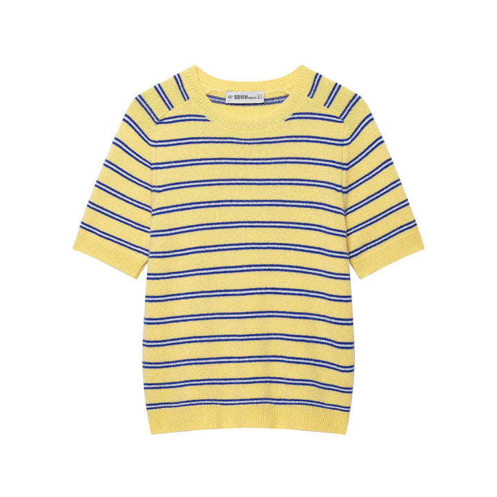 Women Striped Short Sleeve Fine Knit Shirt with Round Neck Mune Fashion