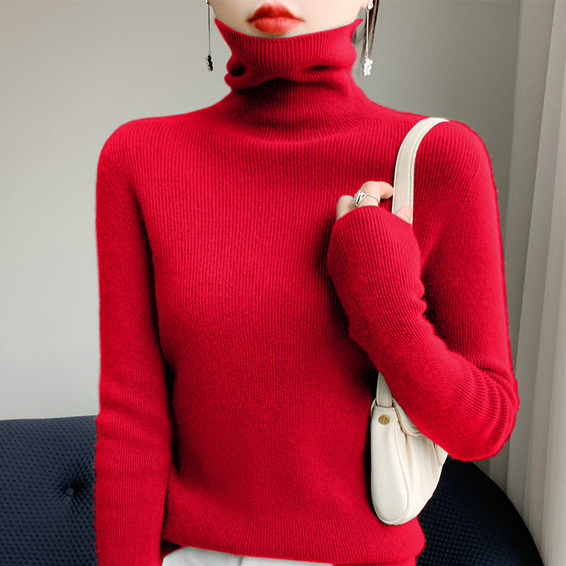 Women's Slim Roll Neck Sweater made of Cashmere Mix with Extra Long Sleeve Cuffs Mune Fashion