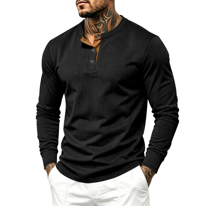 Men's Ribbed Long Sleeve Henley with Stand-Up Collar, Contrast Button Placket and Ribbed Cuffs Mune Fashion