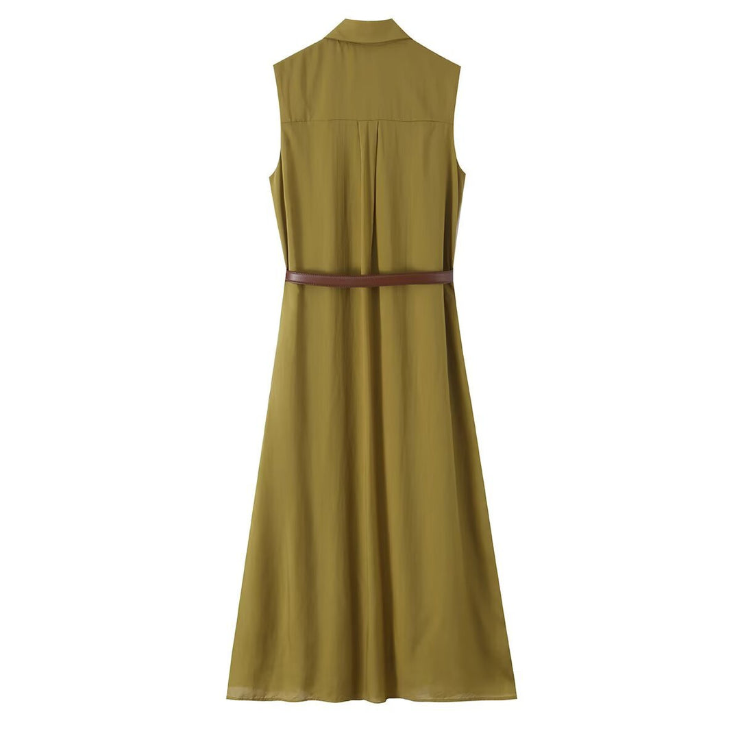 Women's sleeveless shirt dress with pleats, button placket and belt Mune Fashion