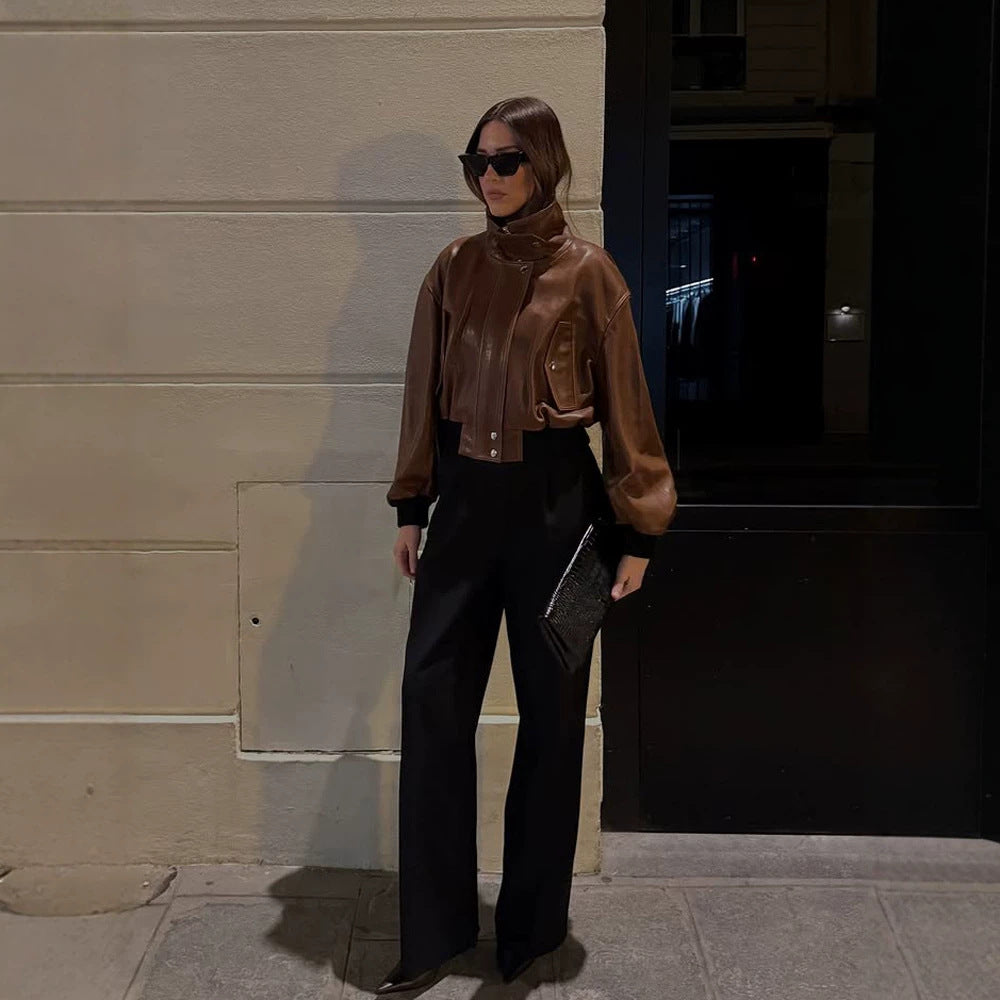 Women's short-cut leather blouse jacket with high stand-up collar and balloon sleeves Mune Fashion