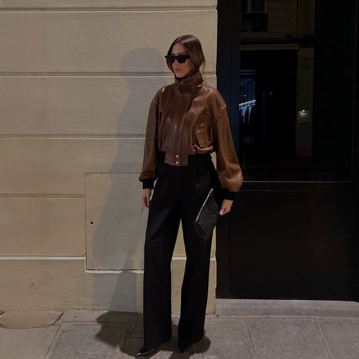 Women's short-cut leather blouse jacket with high stand-up collar and balloon sleeves Mune Fashion