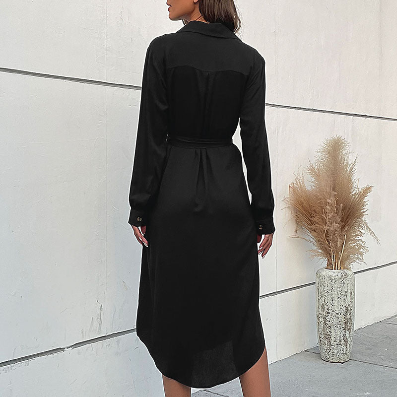 Women’s midi dress in shirt blouse style with continuous button placket, waist tie belt, and long sleeves Mune Fashion