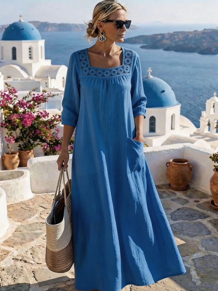 Women's maxi dress with crochet square neckline, three-quarter sleeves, and pocket Mune Fashion