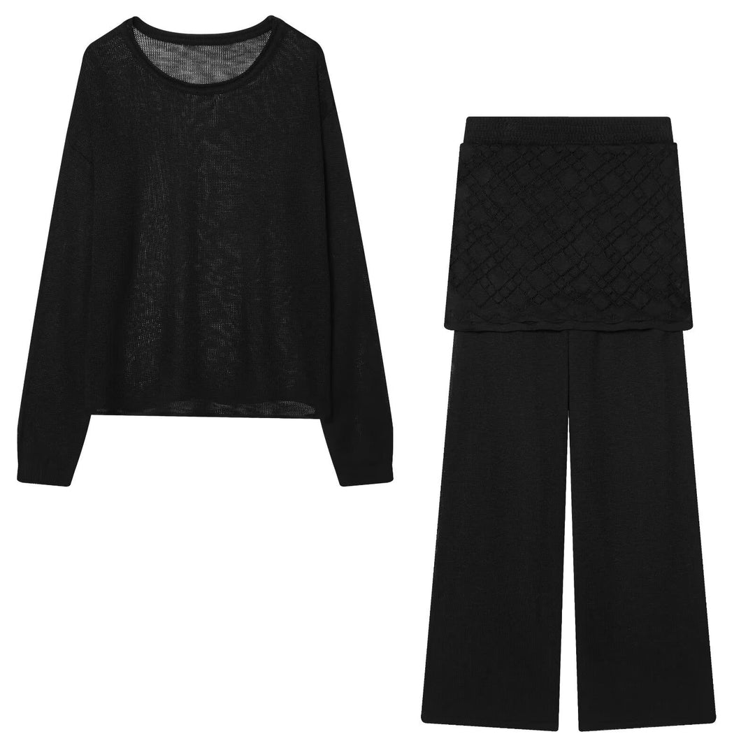 Women's Lightweight Fine Knit Loungewear Set with Round Neck and Wide Palazzo Pants Mune Fashion