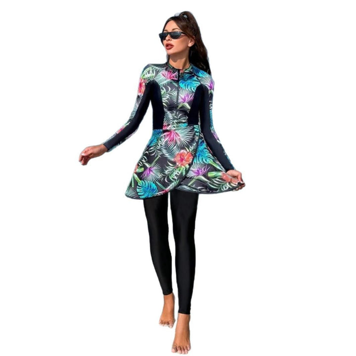 Ladies' Sporty Long Sleeve Swimsuit with Flared Skirt Mune Fashion