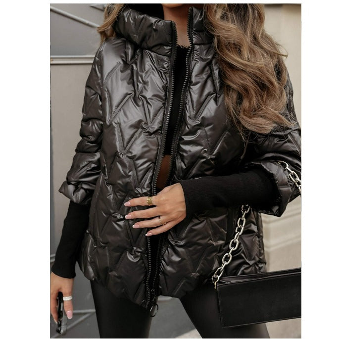 Women nan short quilted padded jacket with high collar wet look and ribbed cuffs Mune Fashion