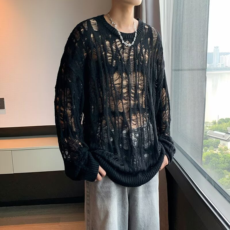 Men's Casual Knit Sweater with Hole Pattern Mune Fashion