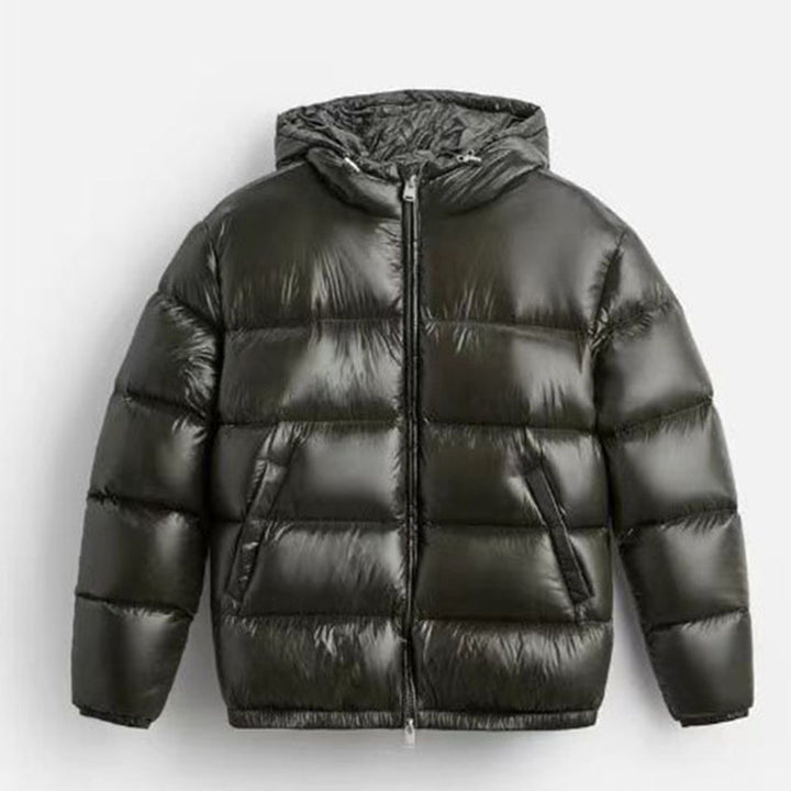Women's Quilted Padded Hooded Jacket with High-Gloss Surface, Two-Way Zipper and Kangaroo Pockets Mune Fashion