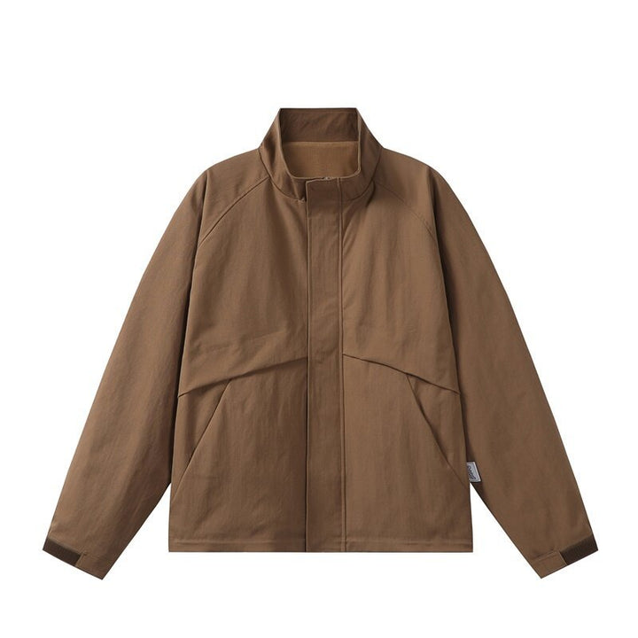 Men's lightweight transitional jacket in minimalist field style with high standing collar and hidden front flap Mune Fashion