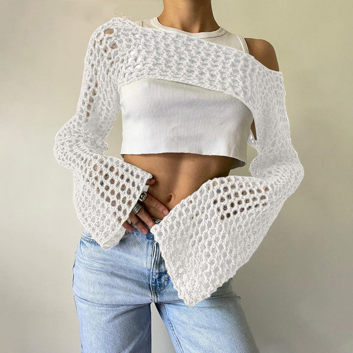 Women's Crocheted Long Sleeve Top with Off-Shoulder Design Mune Fashion