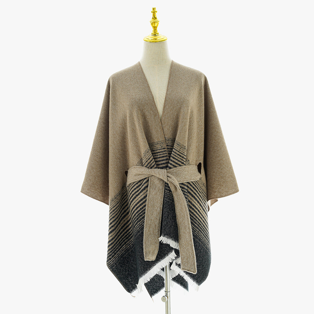 Ladies wrap poncho made of fine knit with tie belt and fringed hem Mune Fashion