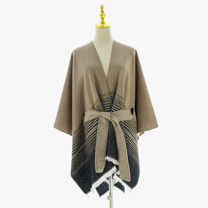 Ladies wrap poncho made of fine knit with tie belt and fringed hem Mune Fashion