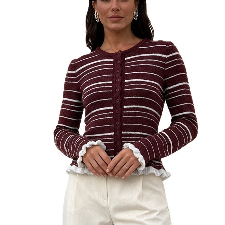 Women's fine knit button cardigan with stripes, ruffle trim & tailored fit Mune Fashion