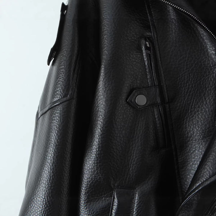 Women's Oversized Leather Jacket with Asymmetrical Zipper and Wide Collar Mune Fashion