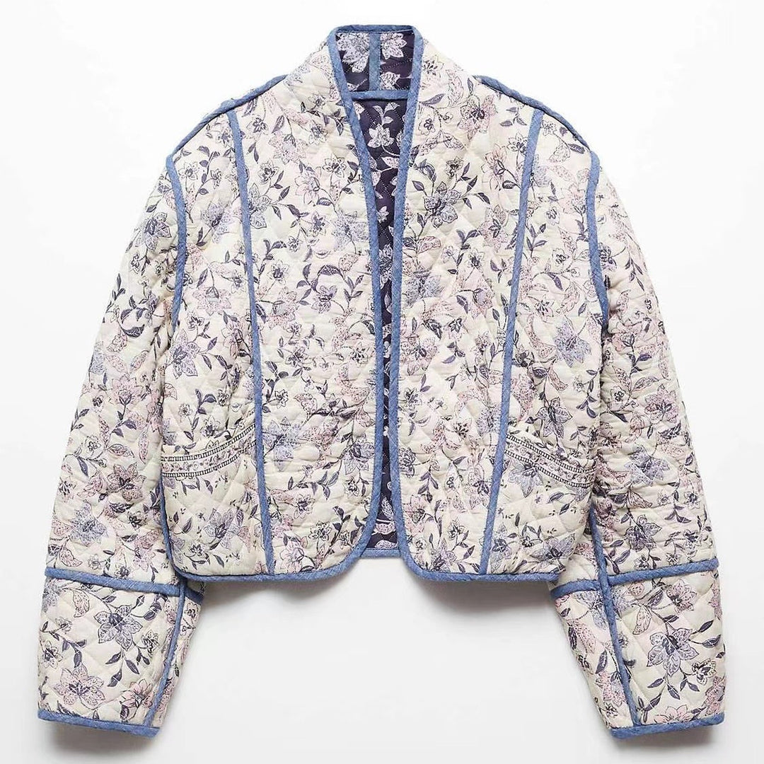 Women's short-cut quilted blouson jacket with floral embroidery and contrasting piping Mune Fashion
