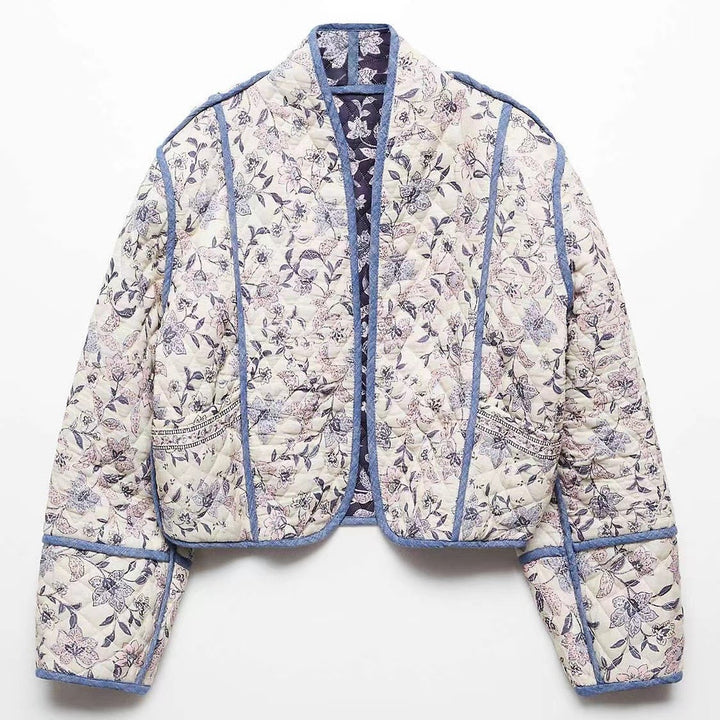 Women's short-cut quilted blouson jacket with floral embroidery and contrasting piping Mune Fashion