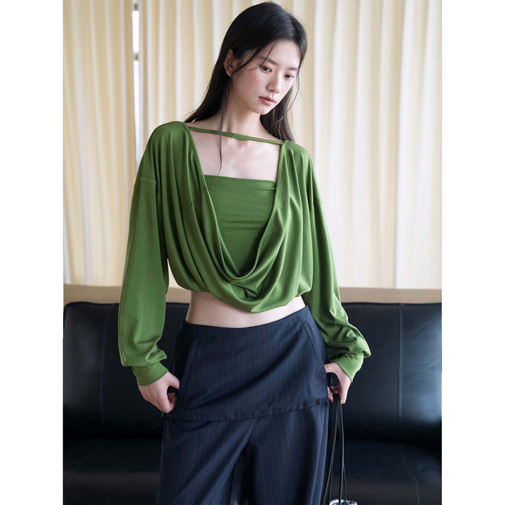 Women's Draped Layering Top with Off-the-Shoulder Cut and Decorative Straps Mune Fashion