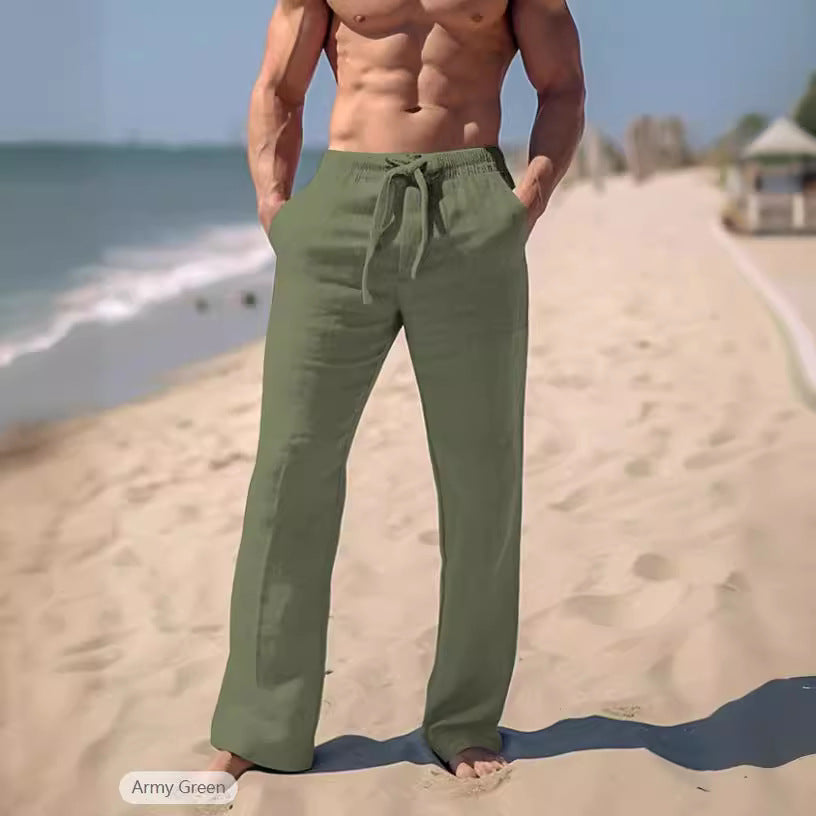 Men's loose resort leisure pants in palazzo style made of linen blend with drawstring and side inset pockets Mune Fashion