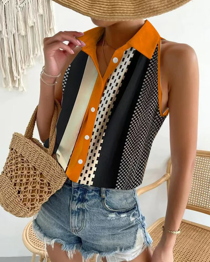 Women's sleeveless shirt top with pointed collar, contrasting button placket and geometric dot and stripe pattern Mune Fashion