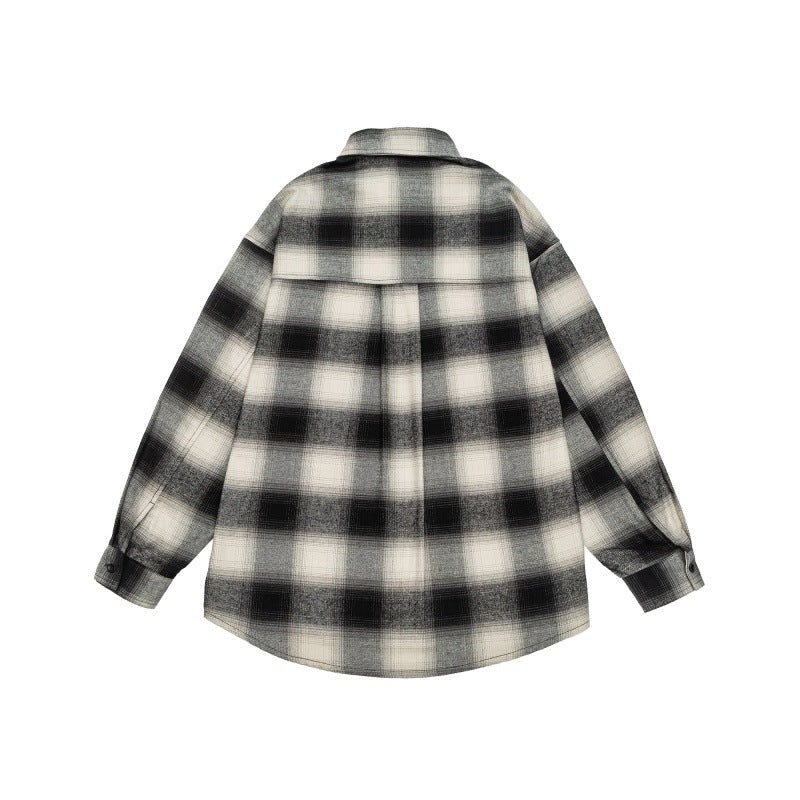 Unisex Check Flannel Shirt Jacket in Oversized Box Cut with Rounded Hem