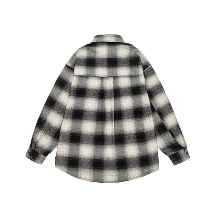 Unisex Check Flannel Shirt Jacket in Oversized Box Cut with Rounded Hem