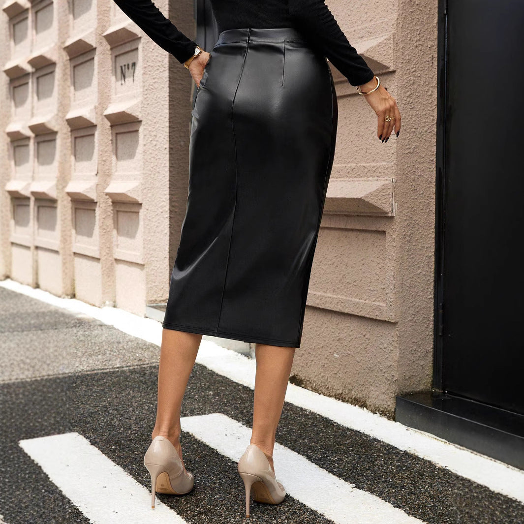 Women's Elegant Faux Leather Midi Skirt with High Slit Mune