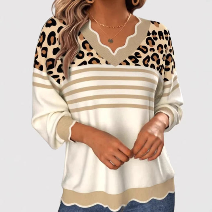 Ladies Stylish V-Neck Sweater with Leopard Print