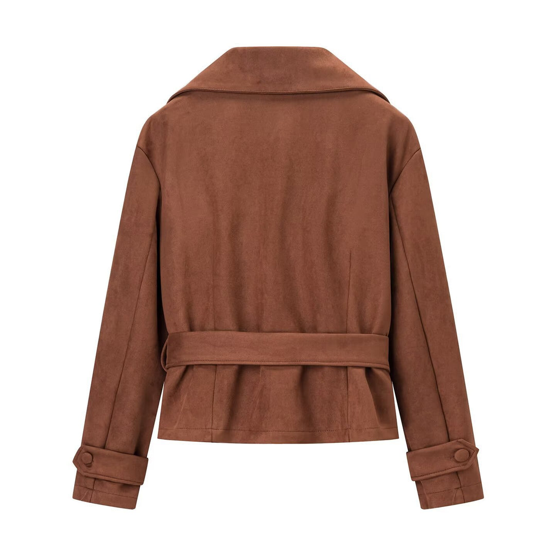 Women's short jacket in suede look with waist belt and large lapel Mune Fashion