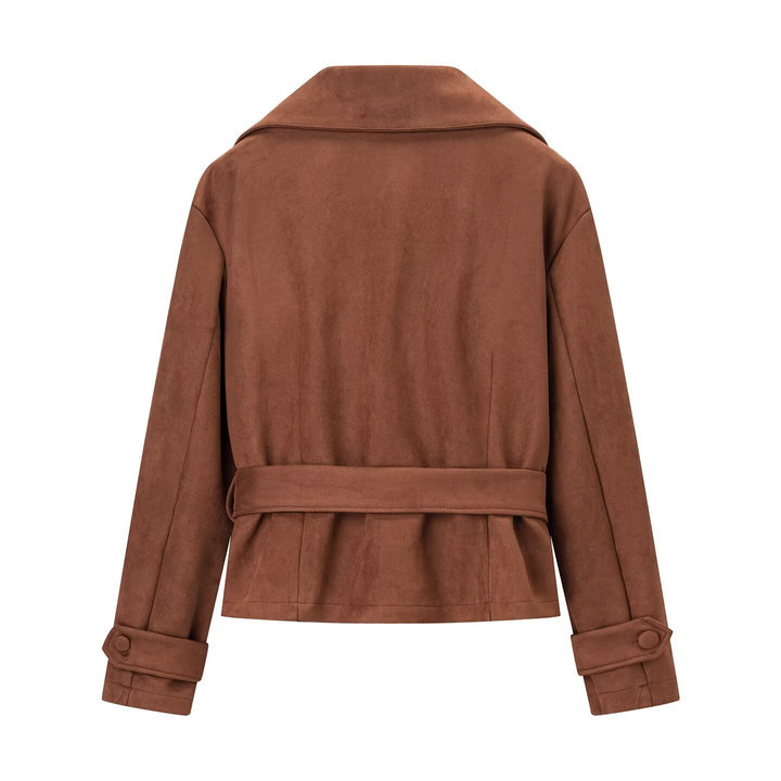 Women's short jacket in suede look with waist belt and large lapel Mune Fashion