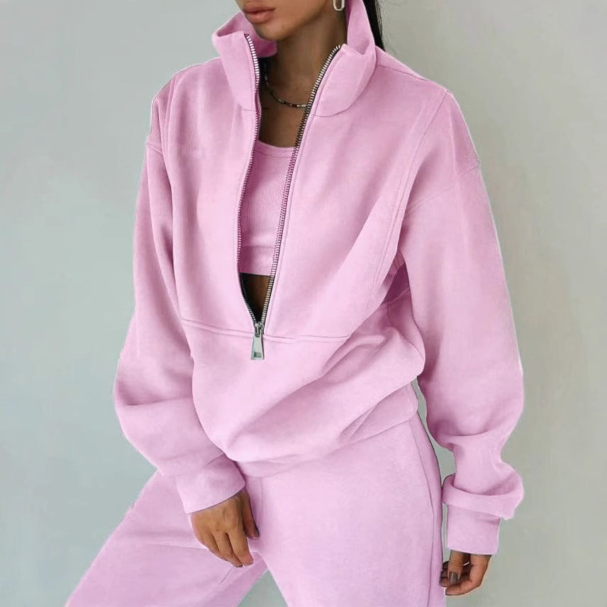 Women's Oversized Half-Zip Sweatshirt with Stand-Up Collar and Matching High-Waist Jogging Pants Mune Fashion