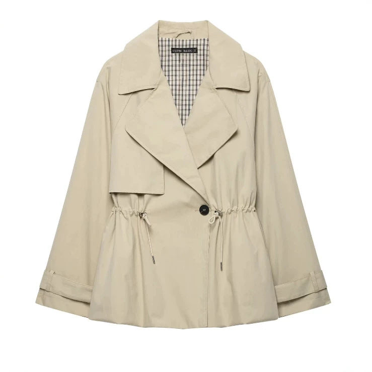 Women's Short Tailored Trench Jacket with Drawstring and Wide Lapel Mune Fashion