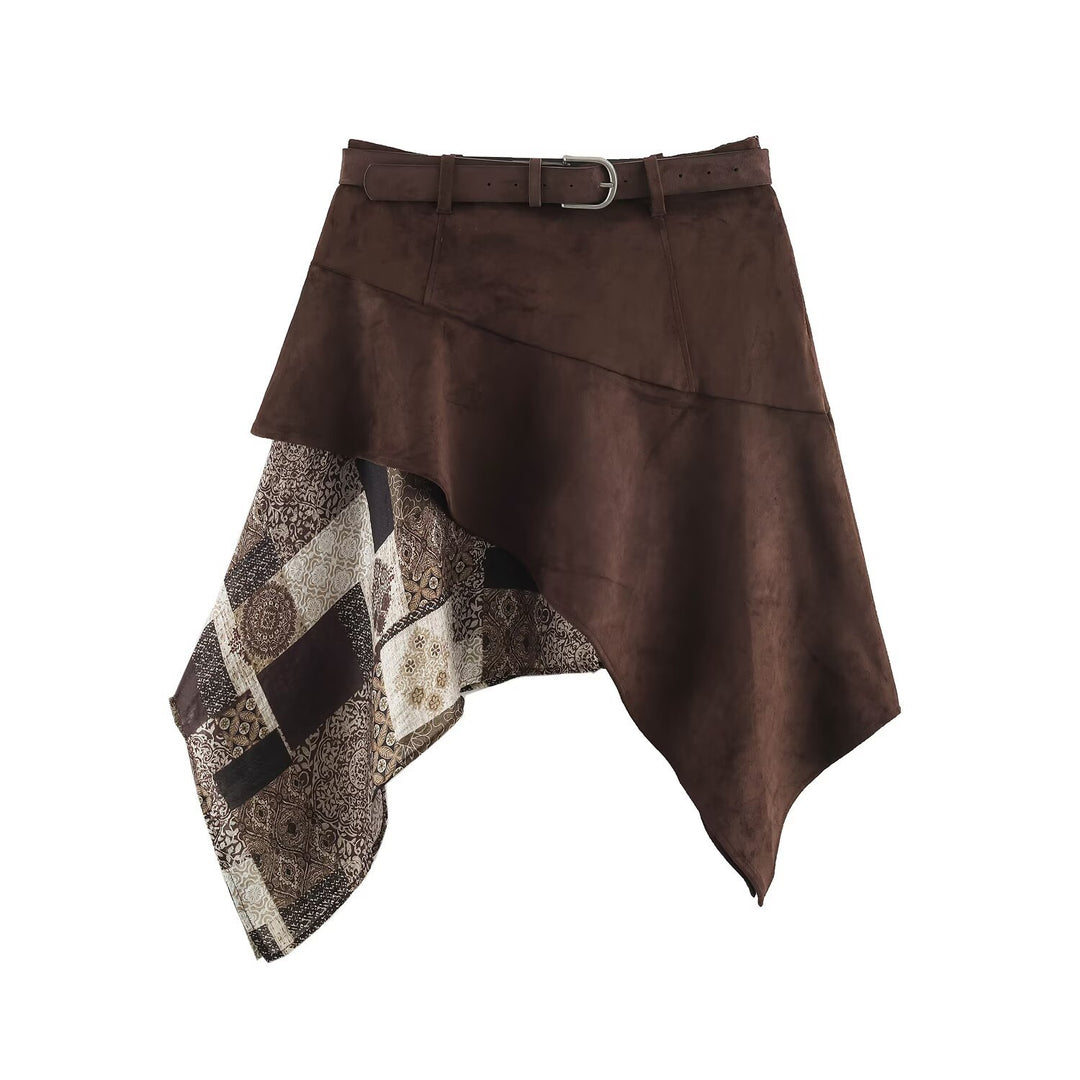 Women's Asymmetric Patchwork Wrap Skirt with Waist Belt and Layered Look Mune Fashion