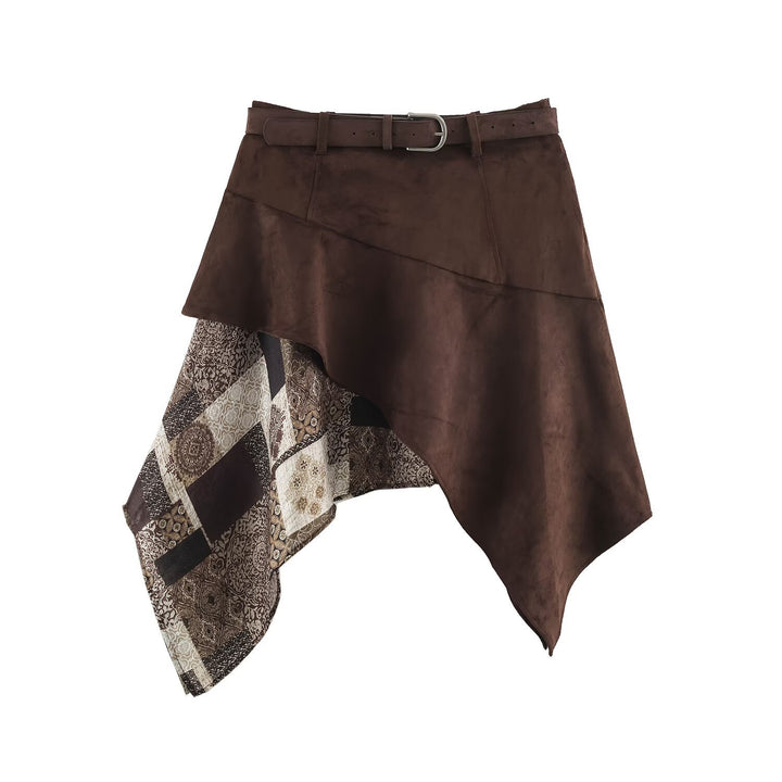 Women's Asymmetric Patchwork Wrap Skirt with Waist Belt and Layered Look Mune Fashion