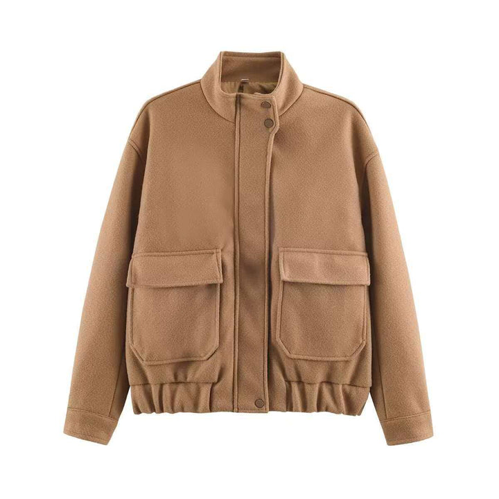 Women’s short jacket made of wool blend in utility look with stand-up collar, flap pockets, and elastic hem Mune Fashion