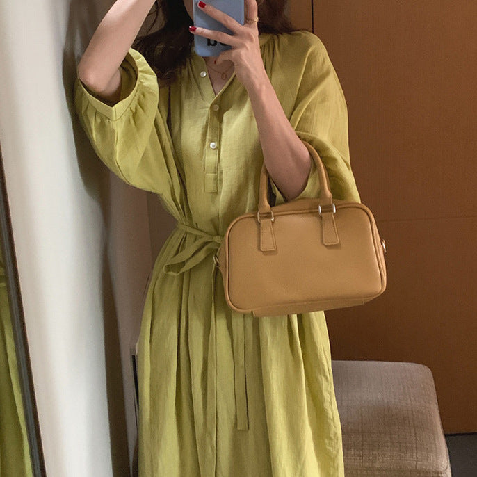 Women Loose Linen Blend Maxi Dress with Stand Collar, Tie Waist and Balloon Sleeves Mune Fashion