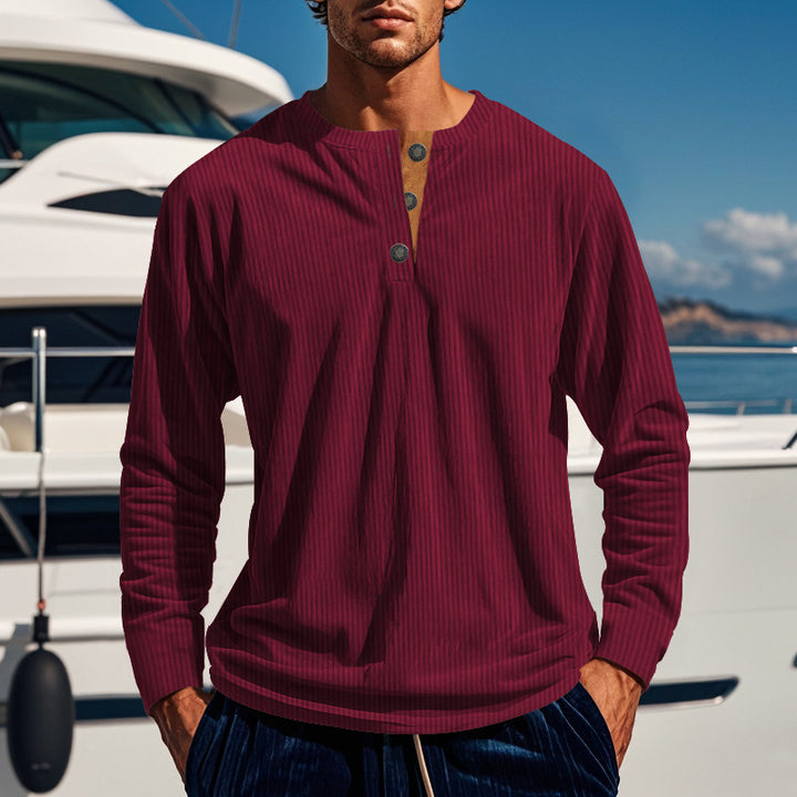 Men's ribbed long-sleeve Henley shirt with stand-up collar and concealed placket made of breathable jersey Mune Fashion