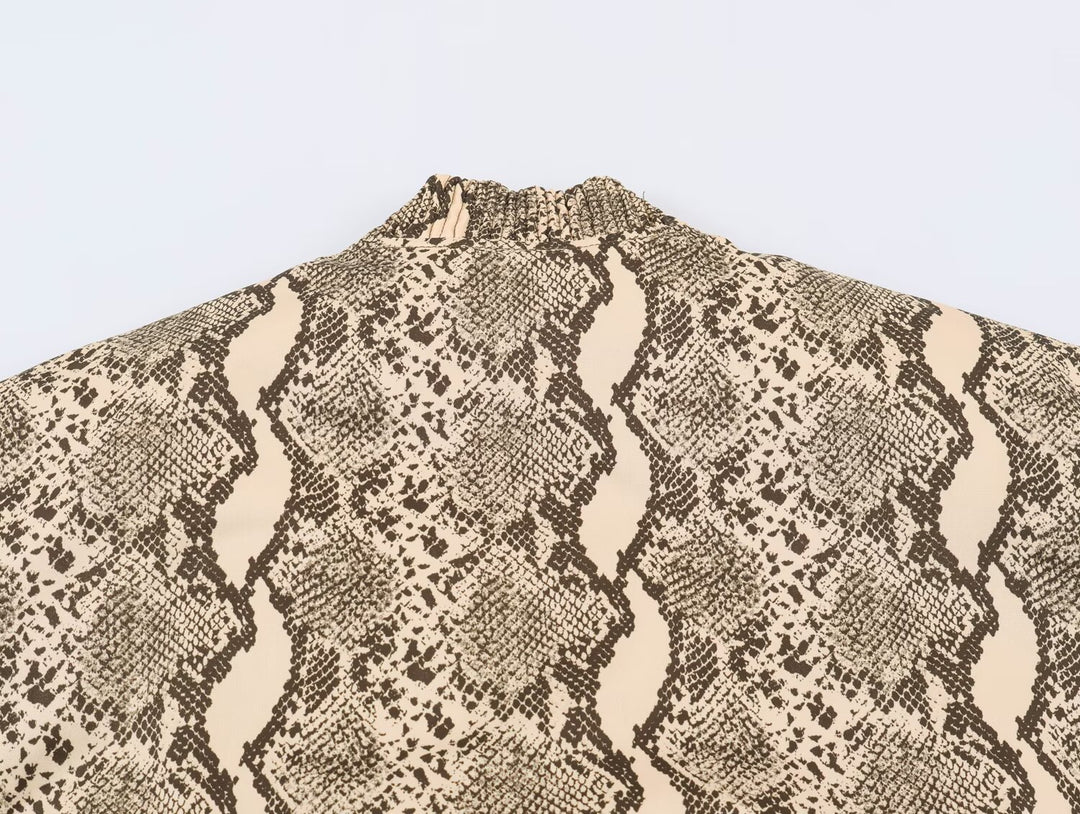 Women's Lightweight Bomber Jacket in Snake Print with Zipper and Elastic Hem and Sleeve Mune Fashion