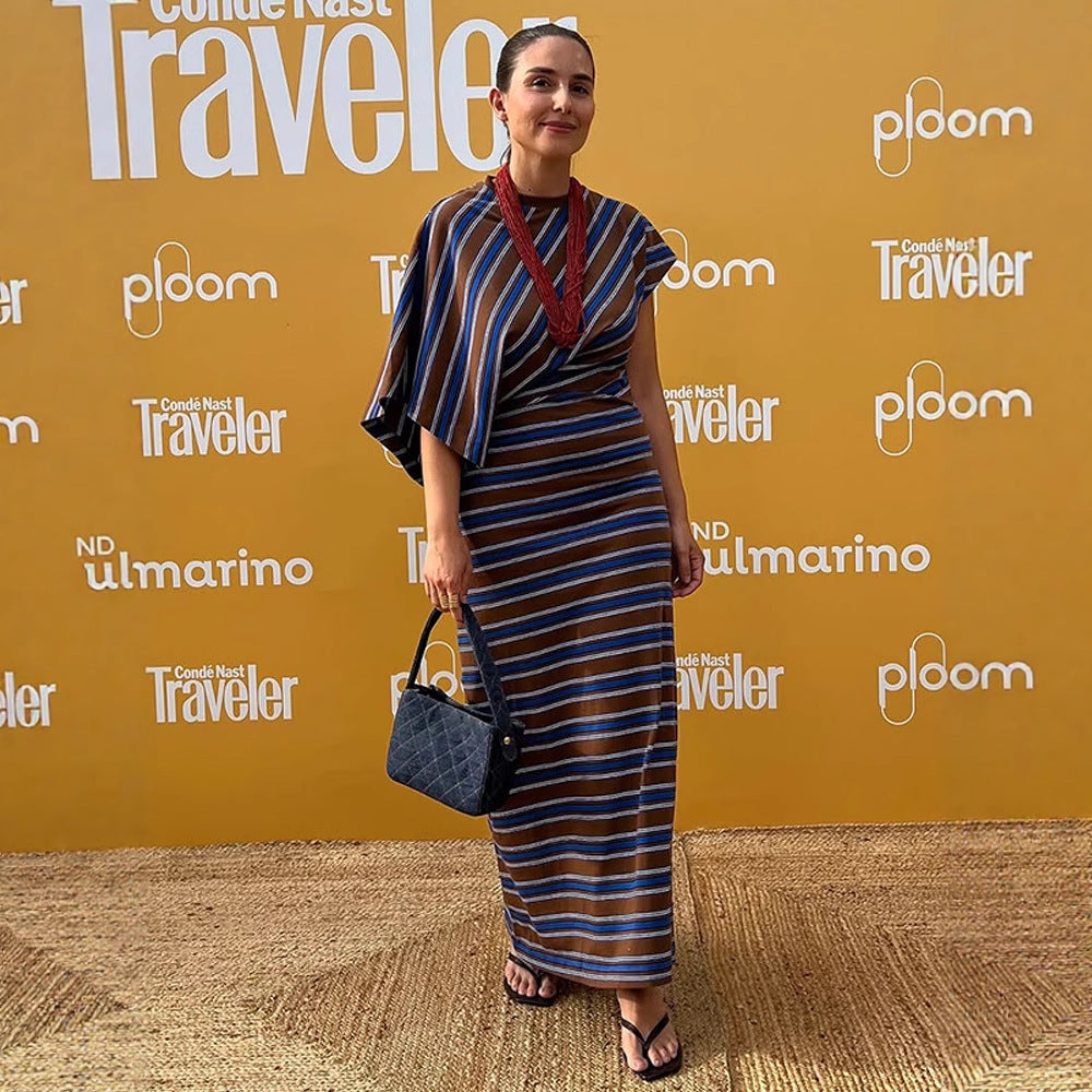 Women's Striped Maxi Dress with Asymmetrical Cape Sleeves & Tailored Silhouette Mune Fashion