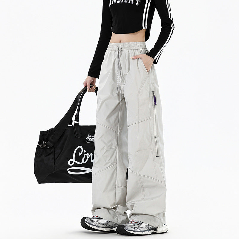 Women Wide Utility Cargo Pants with Elastic Waistband and Zipper Pockets Mune Fashion