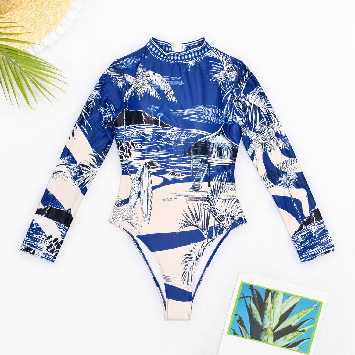 Women's Long Sleeve Swimsuit with Tropical Print Mune Fashion