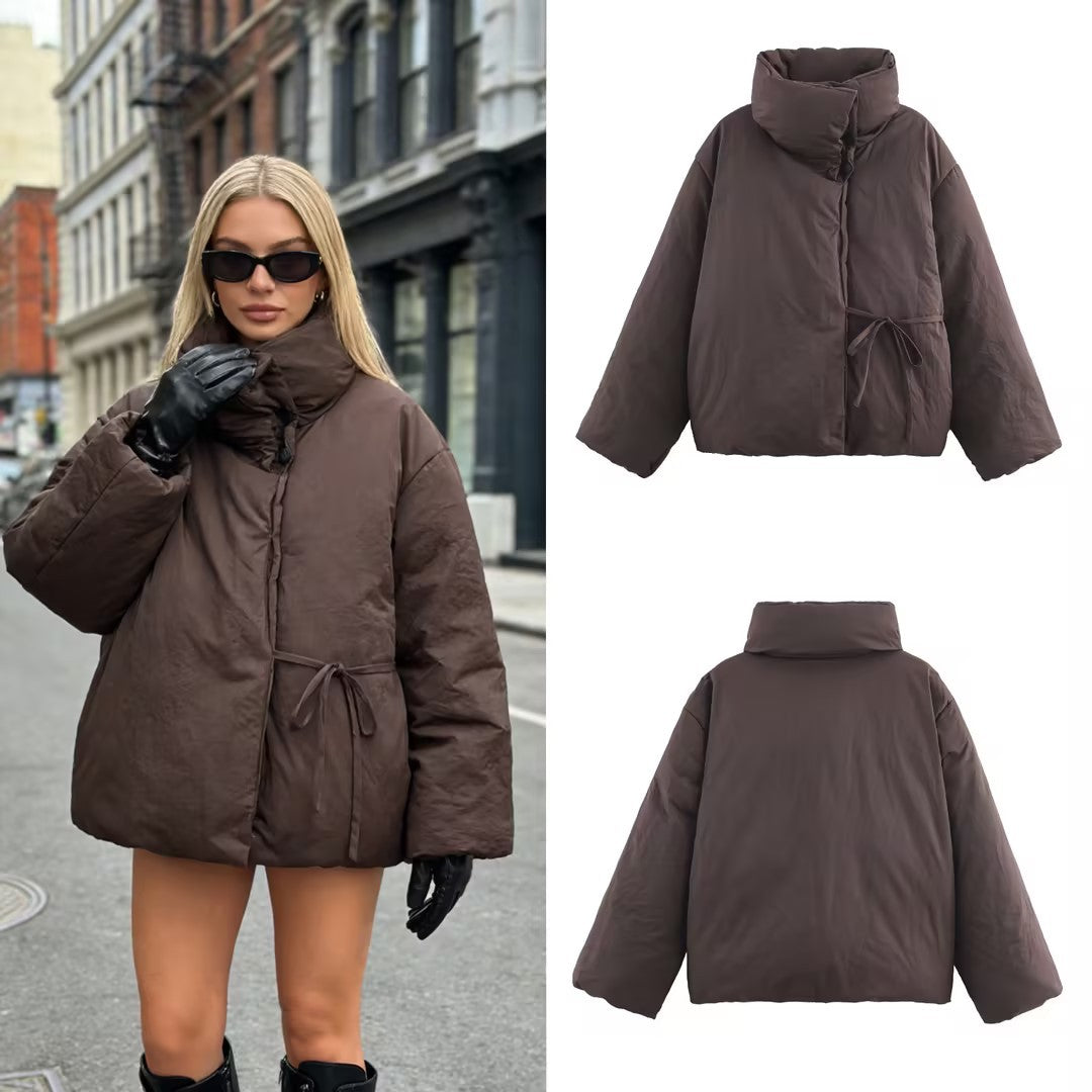 Women's Oversized Quilted Jacket with High Stand Collar and Waist Belt Mune Fashion
