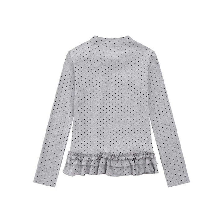 Women's long sleeve top with bow collar, polka dot print and double ruffle hem