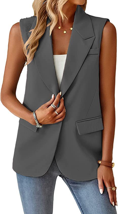 Women Sleeveless Longline Blazer Vest with Lapel Collar, Single Button and Patch Pockets Mune Fashion